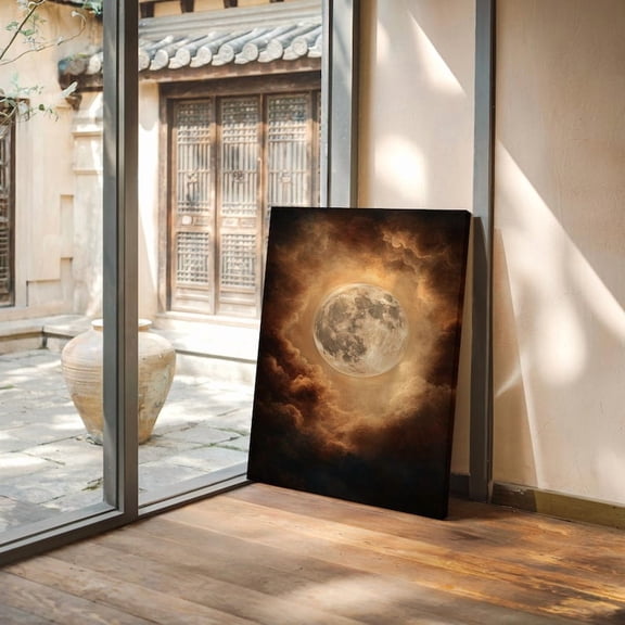 Velto Full Moon Canvas Art Glowing Lunar Sky with Clouds Mystical Night Vintage Wall Art, SIZE 8x10 INCLUDE Pine Wood Frame 1.25-Inch