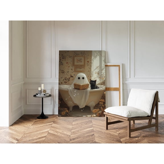 Velto Ghost And Cat In Bathtub Canvas Wall Art Whimsical Cozy Gothic Décor Canvas, SIZE 8x10 INCLUDE Pine Wood Frame 1.25-Inch