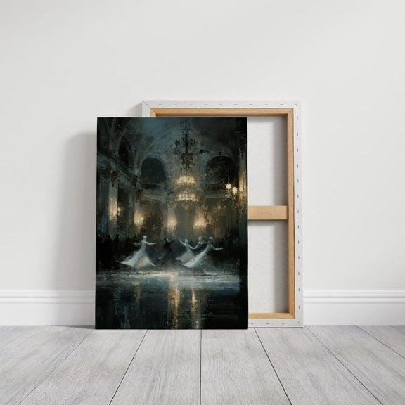 Velto Ghost Ballroom Dance Art, Haunted Mansion Dancers Wall Decor, Elegant Gothic Spirits, Dark Fantasy Ballroom Scene Canvas, 8x10 UNFRAMED