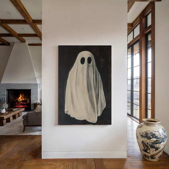 Velto Ghost Canvas Wall Art Vintage Minimalist Figure Draped in White Sheet Gothic Inspired Spooky Decor, SIZE 8x12 INCLUDE Pine Wood Frame 0.75-Inch