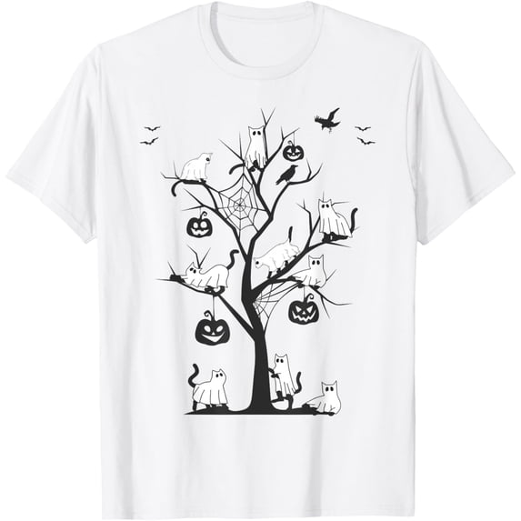 Velto Ghost Cat Ghost Cats on a Tree Black Cat T-Shirt All Size S-5XL