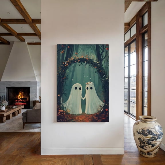 Velto Ghost Couple Canvas, Whimsical Bride and Groom Gothic Wall Art, Spooky Fall Decor, SIZE 12x18 INCLUDE Pine Wood Frame 1.25-Inch
