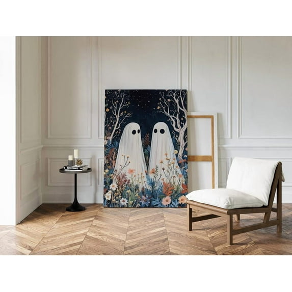 Velto Ghost Couple In Forest Canvas Wall Art Whimsical Romantic Starry Décor Canvas, SIZE 8x10 INCLUDE Pine Wood Frame 1.25-Inch