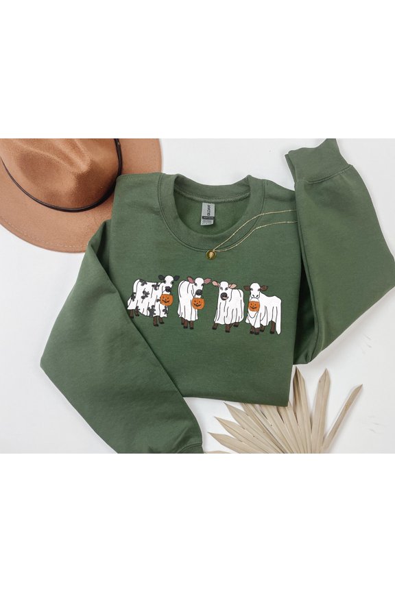 Ghost Cows Sweatshirt, Happy Holiday Crewneck, Ghost , Cow Lover Gift, Happy Holiday Cow Sweater, Spooky Cow All Size S-3XL