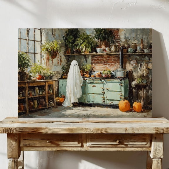 Velto Ghost In Rustic Kitchen | Whimsical Wall Art With Pumpkins And Green Stove Canvas, 8x10 UNFRAMED