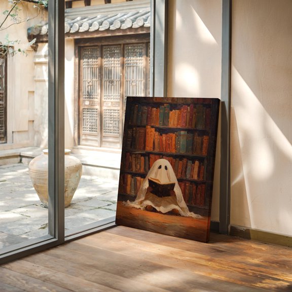 Velto Ghost Reading On Library Floor | Cozy Book Art Canvas, 8x10 0.75-Inch Pine Wood Frame