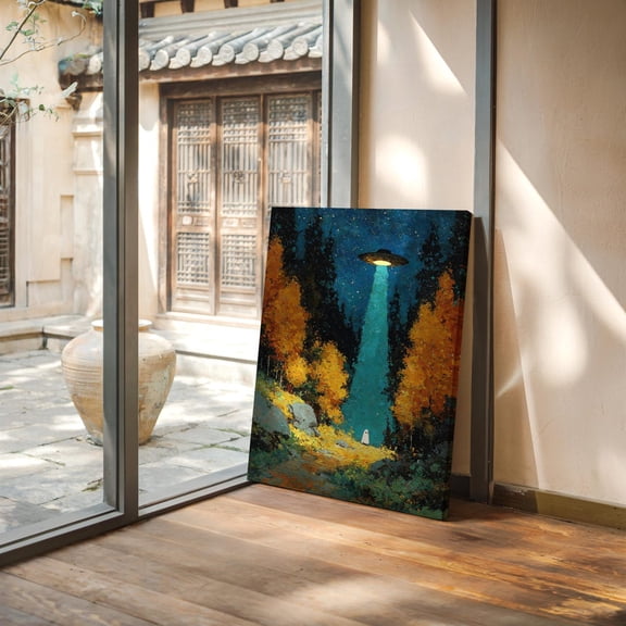 Velto Ghost Ufo Abduction | Whimsical Wall Art In Autumn Forest Canvas, 8x10 UNFRAMED