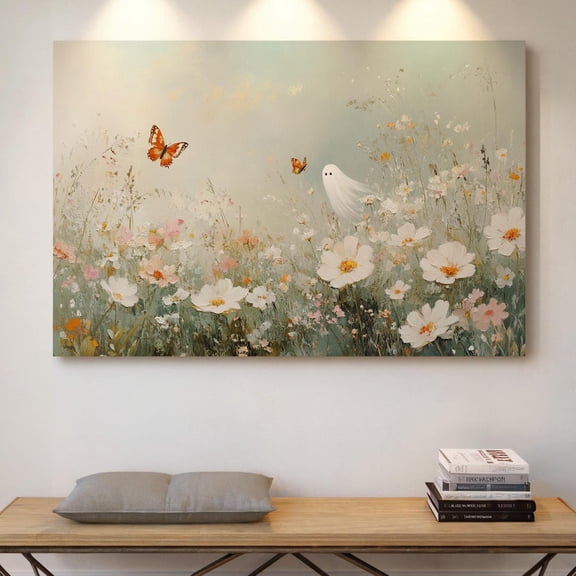 Velto Ghost in Wildflowers Canvas Art Whimsical Cottagecore Illustration Ethereal Spooky Autumn Seasonal Wall Decor, SIZE 8x12 INCLUDE Pine Wood Frame 1.25-Inch