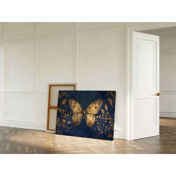 Velto Golden Butterfly Canvas Art, Navy and Gold Botanical Decor for Luxe Interiors, SIZE 12x16 INCLUDE Pine Wood Frame 1.25-Inch