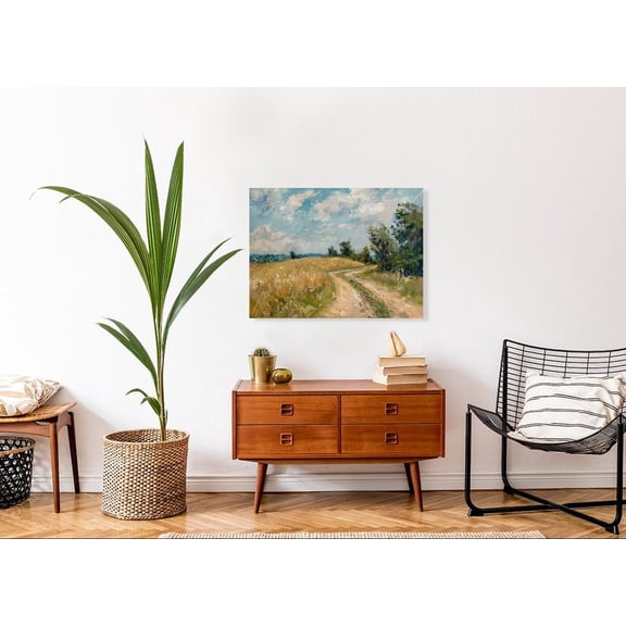 Velto Golden Fields Winding Road, Country Farmhouse Wall Art, Rustic Landscape, Open Plains, Rolling Fields Canvas, 12x16 0.75-Inch Pine Wood Frame