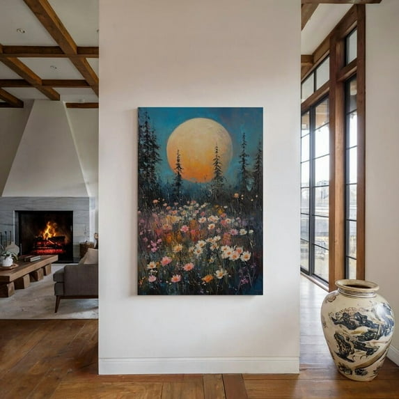 Velto Golden Moon Over Blooming Wildflower Meadow Colorful Impressionist Nightscape with Bold Brushstrokes and Pine Trees Nature Wall Art, SIZE 8x10 INCLUDE Pine Wood Frame 1.25-Inch