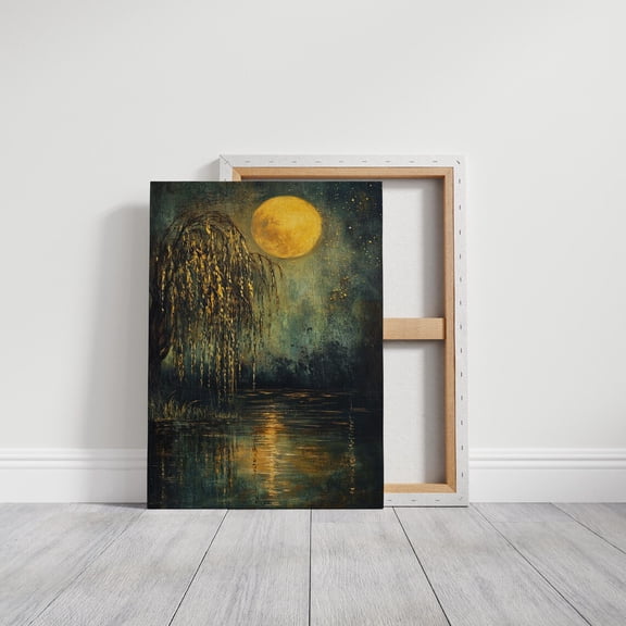 Velto Golden Moonlit Willow Reflection, Mystical Night Scene with Glowing Tree for Home Decor, SIZE 8x10 INCLUDE Pine Wood Frame 1.25-Inch