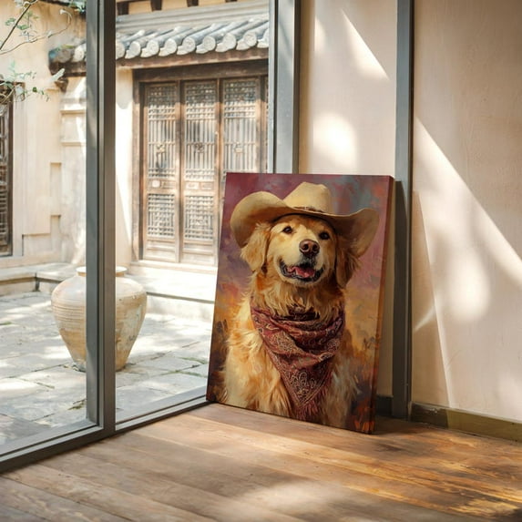 Velto Golden Retriever Cowboy Canvas, Western Dog Rustic Farmhouse Pet Portrait, Country Dog, Rodeo Decor, SIZE 16x24 INCLUDE Pine Wood Frame 0.75-Inch