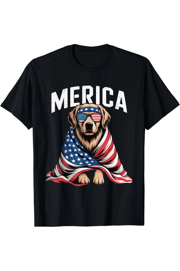 Golden Retriever Merica Dog Patriotic 4th Of July T-Shirt All Size S-5XL