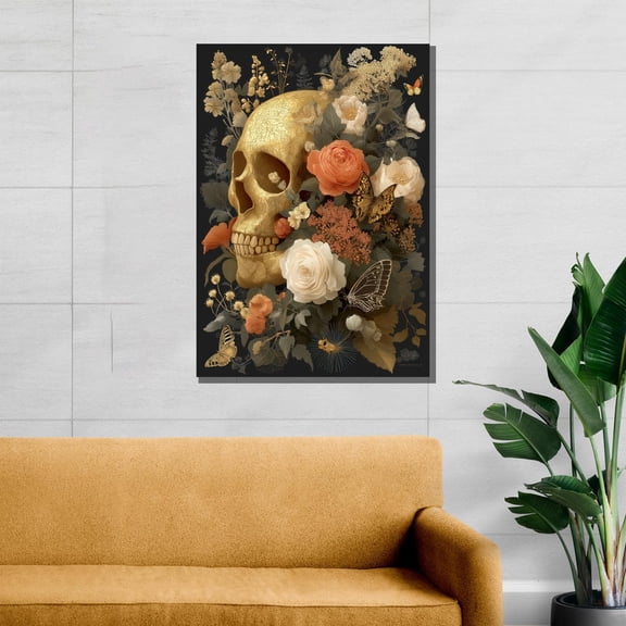 Velto Golden Skull With Floral Pattern, Baroque Style Canvas, Skull Print, Dark Floral Wall Decor, Skull Art For Living Room, Unique Gift Canvas, 12x18 UNFRAMED