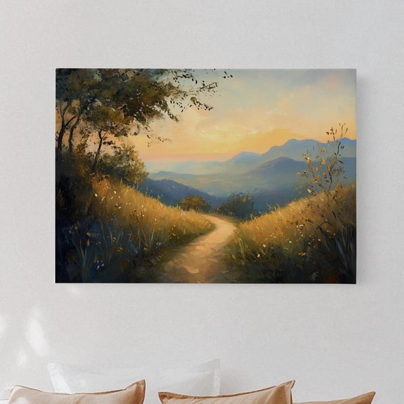 Velto Golden Sunset Path Canvas, Serene Mountain Landscape, Rustic Countryside Decor, SIZE 8x10 INCLUDE Pine Wood Frame 1.25-Inch