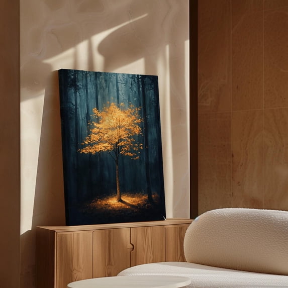 Velto Golden Tree in Dark Forest Illuminated Nature Canvas Art Enchanted Forest Wall Decor for Serene Spaces, SIZE 12x16 INCLUDE Pine Wood Frame 1.25-Inch