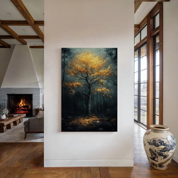 Velto Golden Tree in Mystical Forest Illuminated Nature Canvas Enchanted Woodland Wall Art for Cozy Home Décor, SIZE 8x10 INCLUDE Pine Wood Frame 1.25-Inch