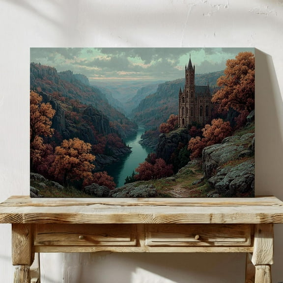 Velto Gothic Castle In Autumn Valley | Dark Fantasy Landscape Wall Art With River Canvas, 8x12 0.75-Inch Pine Wood Frame