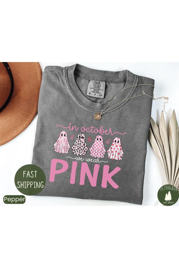 Graphic Tshirt In October We Wear Pink Ghost Design Fighter Support Outfit, Full Size S-5XL