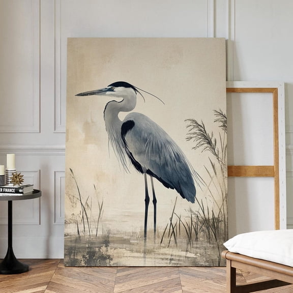 Velto Great Blue Heron Minimalist Wall Art – Monochrome Bird Canvas With Grassy Marsh Background, Elegant Rustic Nature Home Decor Canvas, 12x16 0.75-Inch Pine Wood Frame