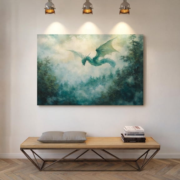 Velto Green Dragon Canvas, Fantasy Soaring Creature Wall Art, Mystical Enchanted Forest Decor, SIZE 12x18 INCLUDE Pine Wood Frame 1.25-Inch