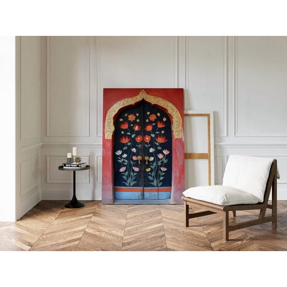 Velto Hand Painted Indian Floral Door Canvas, Boho Wall Art With Red Gold Arch And Vintage Navy Panels, Cultural Decor For Eclectic Interiors Canvas, 8x12 0.75-Inch Pine Wood Frame