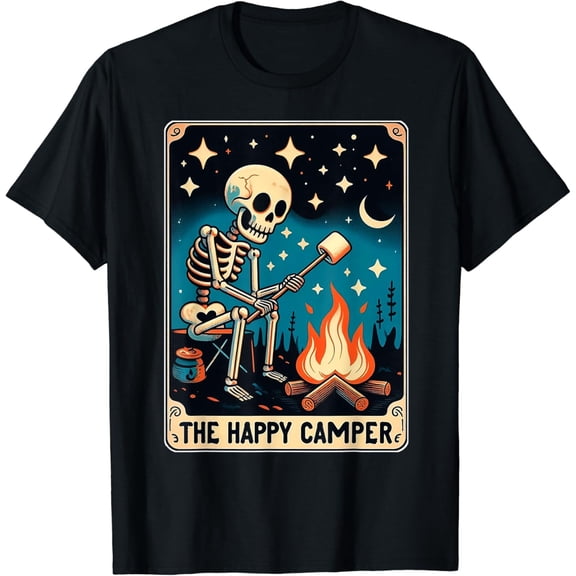 Velto Happy Camper Tarot Card Skeleton Camper Camping T-Shirt All Size S-5XL