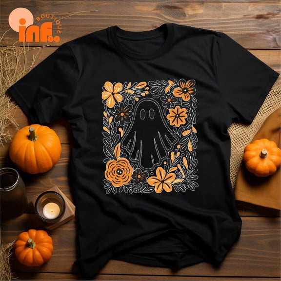Velto Happy Holiday Ghost With Flowers T-Shirt, Happy Holiday Shirt, Autumn Fall Season Shirt, Cute Floral Ghost Shirt, Floral Ghost Shirt All Size S-5XL