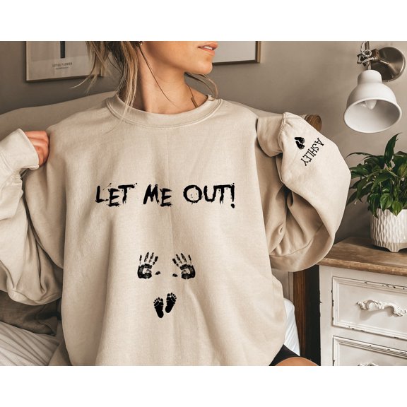 Velto Happy Holiday Pregnancy Announcement Let Me Out Shirt, Pregnancy Announcement Tee, Cute Happy Holiday Shirt, Let Me Out Baby Handprints Shirt All Size S-3XL