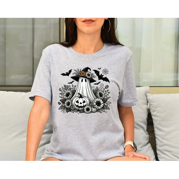 Velto Happy Holiday Shirt, Ghost With Flowers Pumpkin And Bats, Floral Spooky, Unisex Shirt All Size S-5XL