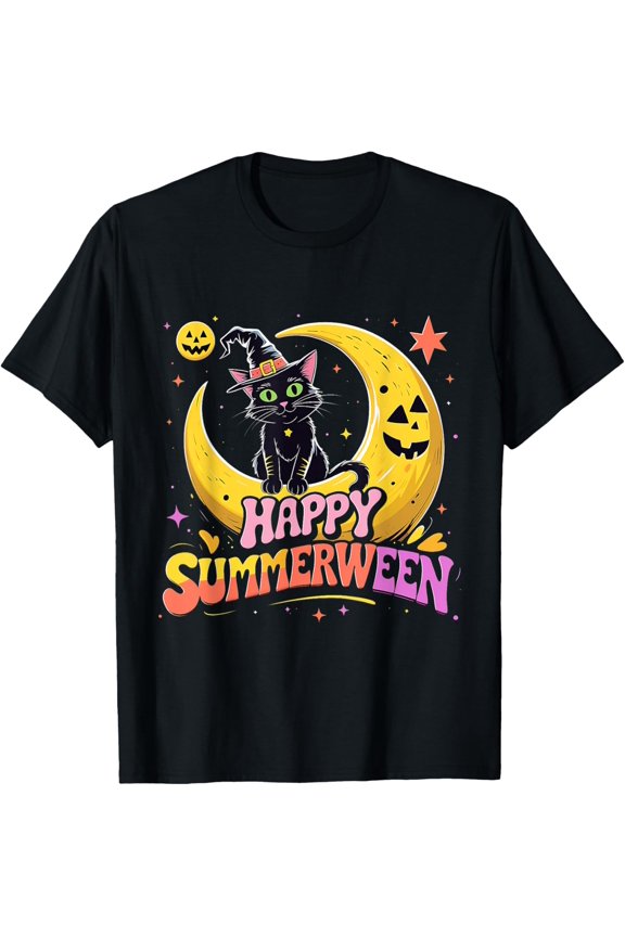 Happy Summerween Black Cat Beach Vibes T-Shirt All Size S-5XL