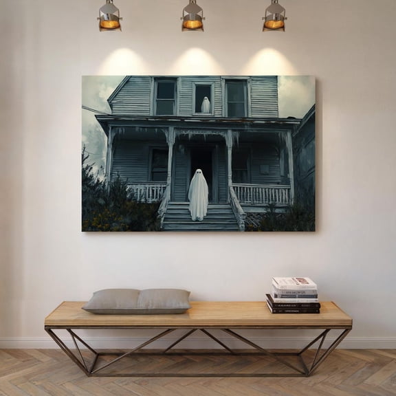 Velto Haunted House Ghost Canvas, Spooky Abandoned Home Wall Art, Gothic Dark Decor, SIZE 12x18 INCLUDE Pine Wood Frame 1.25-Inch