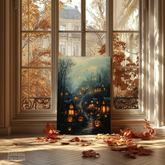 Velto Haunted Winter Town Wall Art, Vintage Jack, O’, Lantern Scene For Dark Cottagecore Fall Styling Canvas, 8x10 0.75-Inch Pine Wood Frame