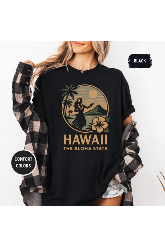 Hawaii Shirt - The Aloha State Hula Dancer & Hibiscus, Volcano Sunset Graphic, Retro Vintage, 1717 Pepper Unisex Tee All Size S-5XL