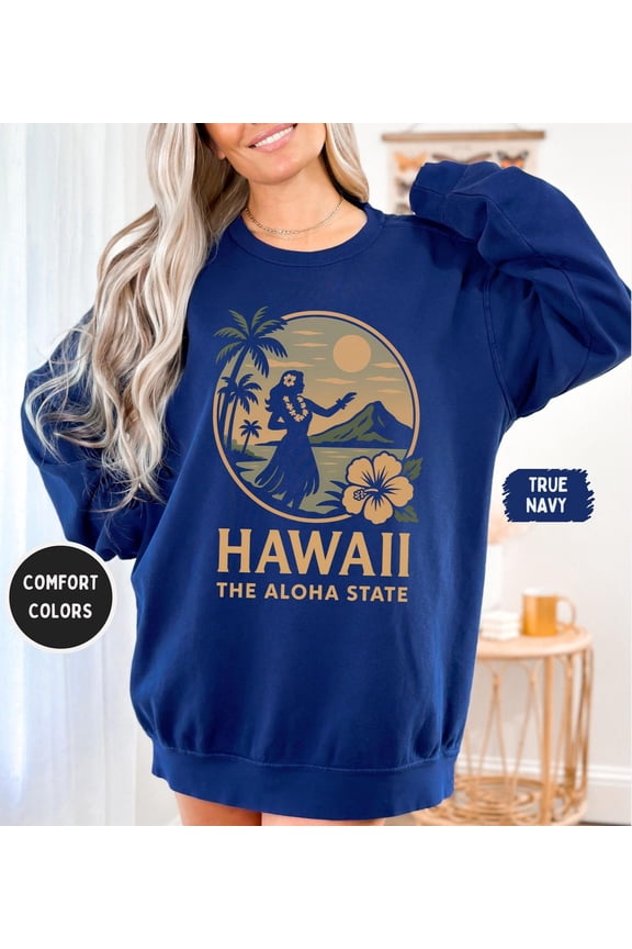 Hawaii Sweatshirt - The Aloha State Hula Dancer & Hibiscus, Volcano Sunset Graphic, Retro Vintage, 1566 Unisex Crewneck All Size S-3XL