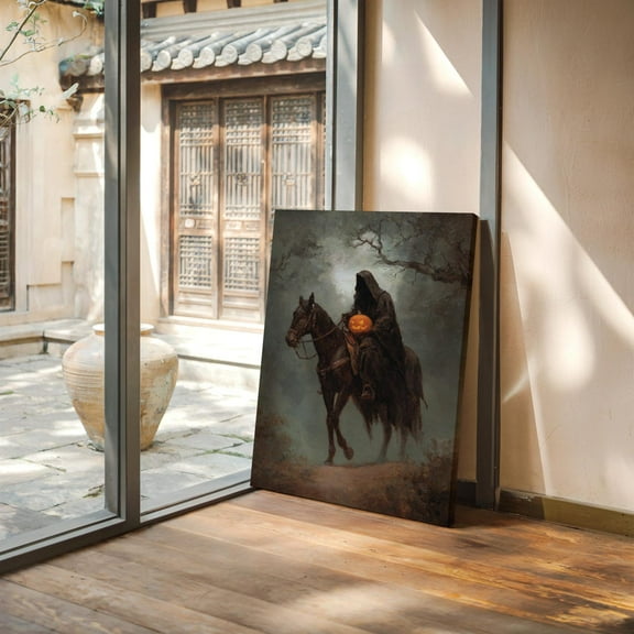 Velto Headless Horseman Wall Art | Dark Gothic Decor With Jack?O’-Lantern Rider Canvas, 12x18 0.75-Inch Pine Wood Frame