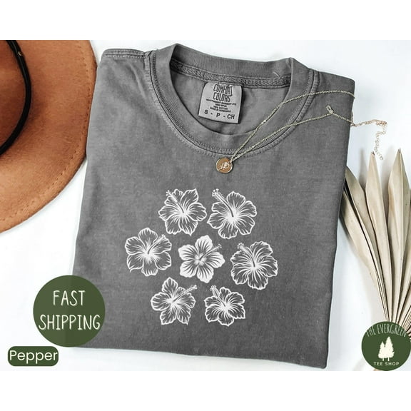 Velto Hibiscus Floral T-shirt, Tropical Hawaii Graphic Apparel, Summer Beach Vibes Outfit, Coastal Vacation Gift Clothing for Women, Full Size S-5XL