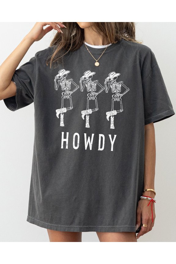 Howdy Skeleton Cowboy Ghost Witch Spooky Costume Graphic T-Shirt Western Vibe, Full Size S-5XL