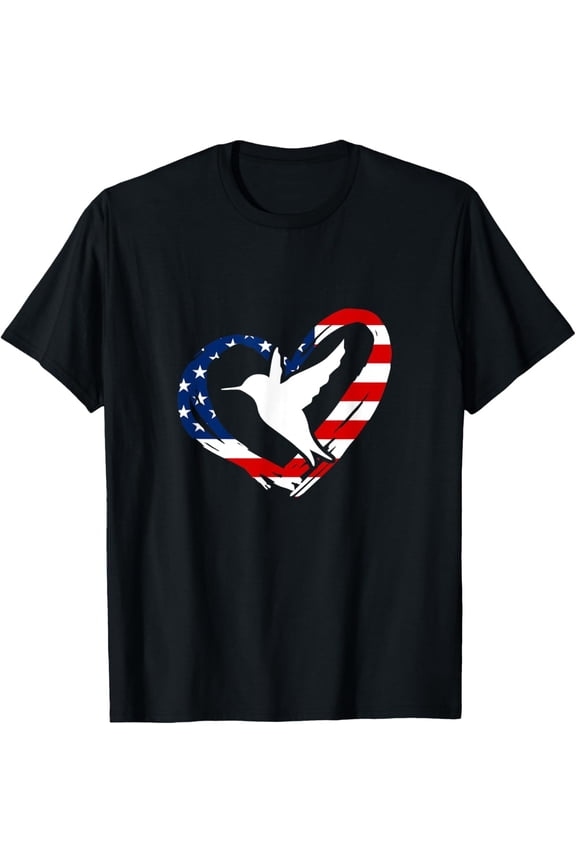 Hummingbird American Flag Heart USA 4th Of July T-Shirt All Size S-5XL