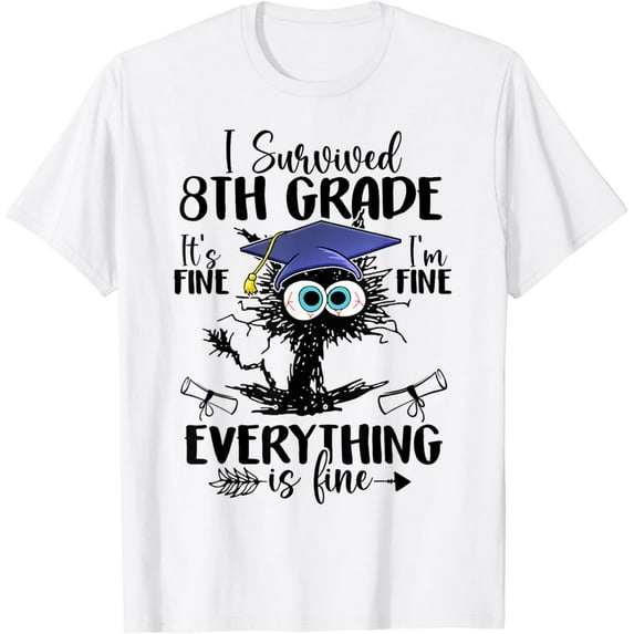 Velto I Survived 8th Grade Graduated Black Cat Graduation T-Shirt All Size S-5XL