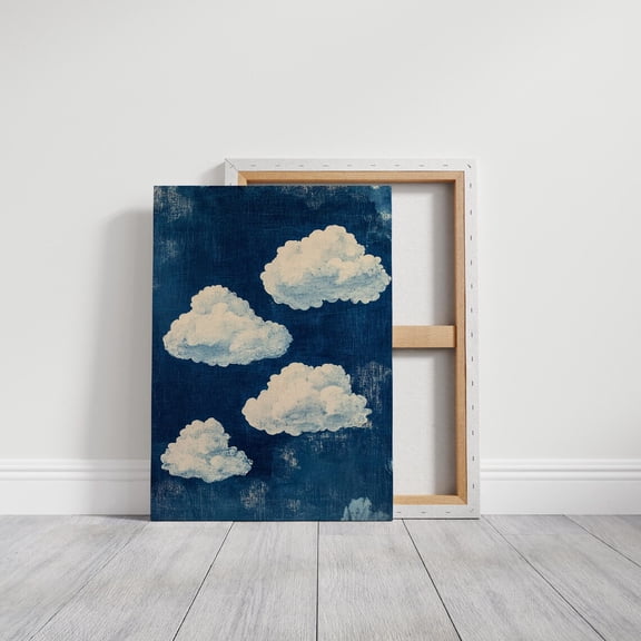 Velto Indigo Sky Cloud Canvas, Rustic White Cloud on Deep Blue Background for Bedroom or Living Room, SIZE 16x24 INCLUDE Pine Wood Frame 1.25-Inch