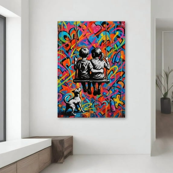 Velto Innocence On A Swing - Colorful Kids Graffiti Canvas, Gift For Childhood And Love Art Fans Canvas, 16x24 INCLUDE Pine Wood Frame 1.25-Inch