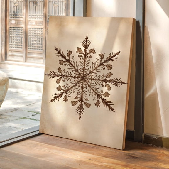 Velto Intricate Floral Snowflake, Vintage Design on Rustic Background, Winter Canvas Art, SIZE 12x16 INCLUDE Pine Wood Frame 1.25-Inch