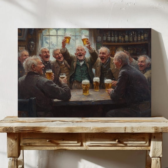 Velto Irish Pub Scene Canvas Art Rustic Home Bar Inspired Wall Decor Vintage Friends Toasting with Illustration, SIZE 12x16 INCLUDE Pine Wood Frame 1.25-Inch