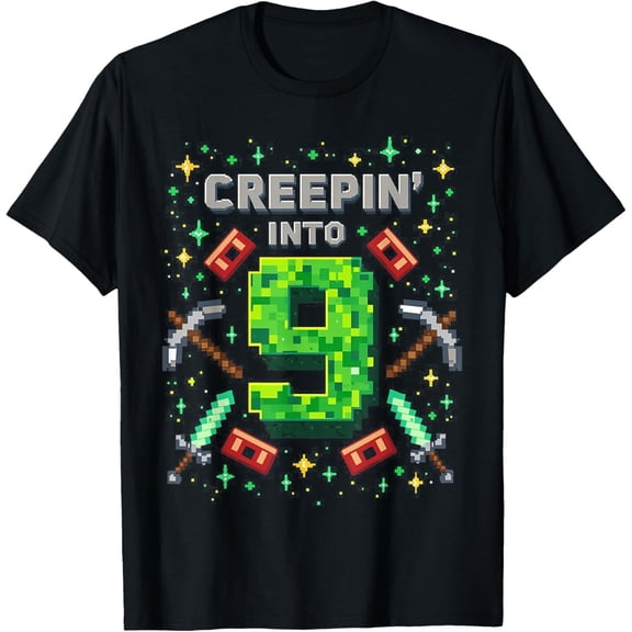 Velto It's My 9th Birthday Boy Gamer Creepin' Into 9 Gamer Pixel T-Shirt All Size S-5XL