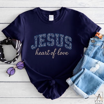 Velto JESUS Heart of Love Shirt Christian Floral Varsity Text T-Shirt Aesthetic Faith All Size S-5XL