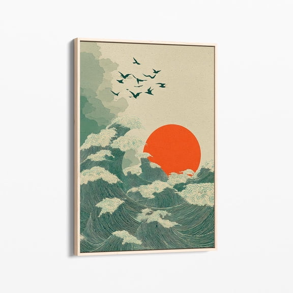 Velto Japanese Sunset Wave Canvas Print | Sea Sun Decor | Canvas | Waves Japindi Art | Blue And Orange | Beach House Decor | Jsw1 Canvas, 16x24 UNFRAMED