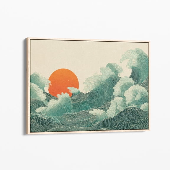 Velto Japanese Sunset Wave Canvas Print | Sea Sun Decor | Canvas | Waves Japindi Art | Blue And Orange | Beach House Decor | Jsw2 Canvas, 16x24 UNFRAMED