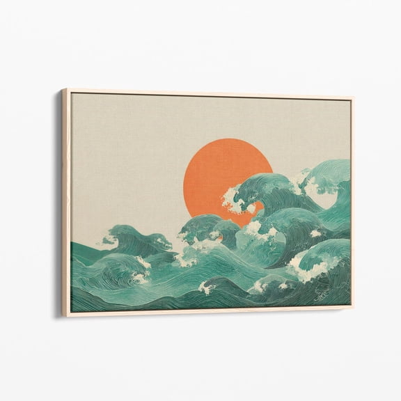 Velto Japanese Sunset Wave Canvas Print | Sea Sun Decor | Canvas | Waves Japindi Art | Blue And Orange | Beach House Decor | Jsw3 Canvas, 16x24 UNFRAMED